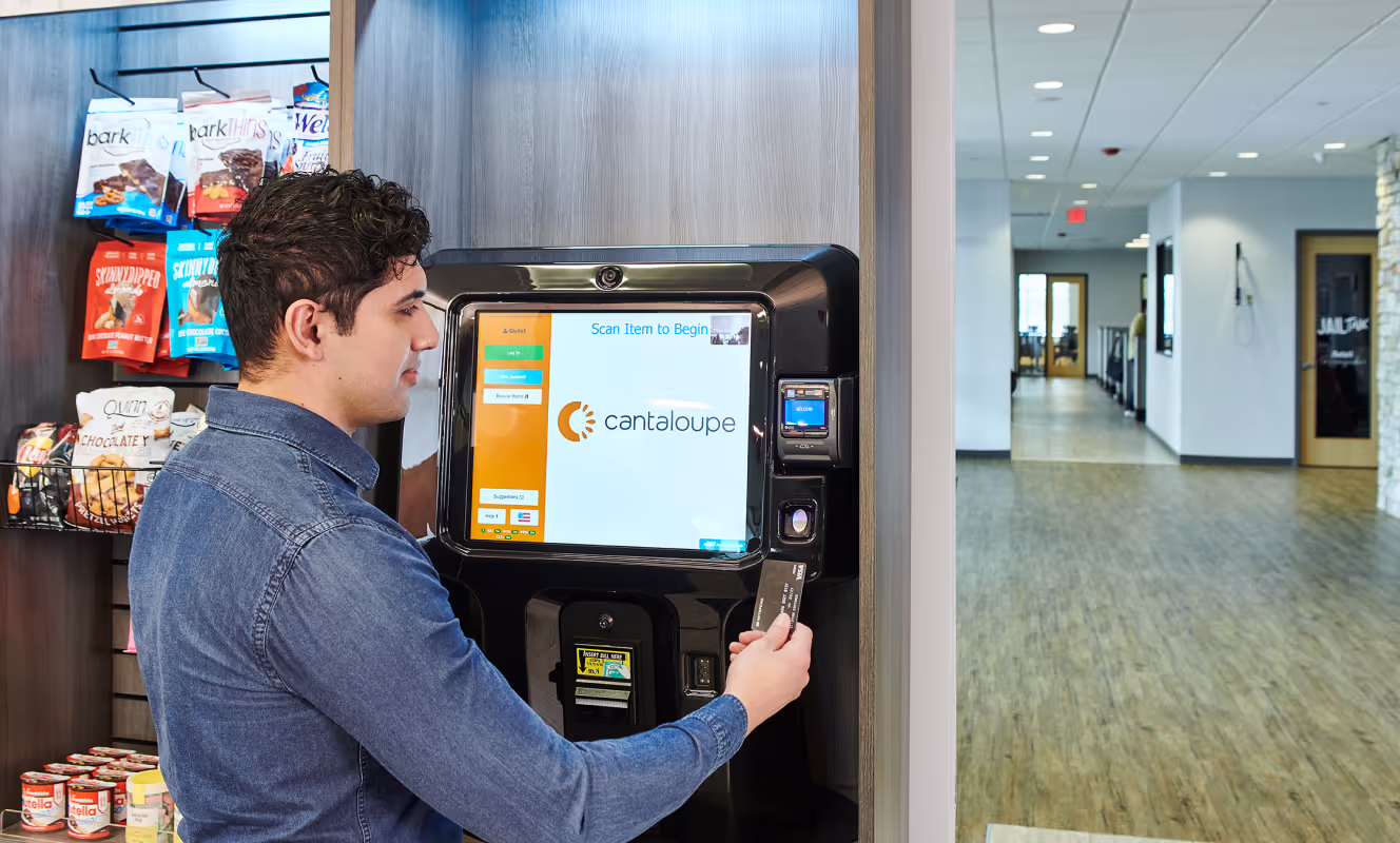 A self-checkout kiosk in an office micro market.